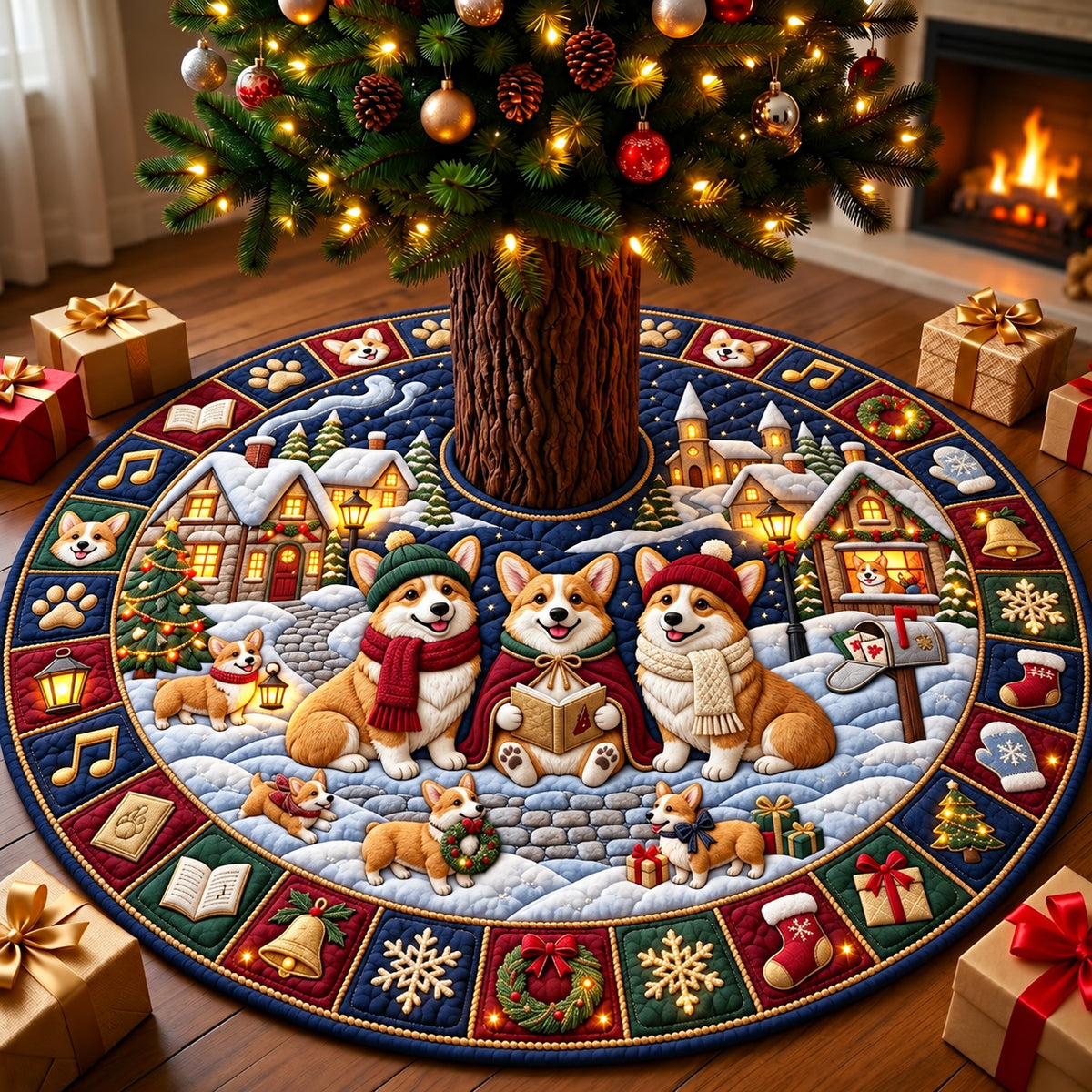 Corgi Christmas Carolers Quilted Tree Skirt GFTOPND3130