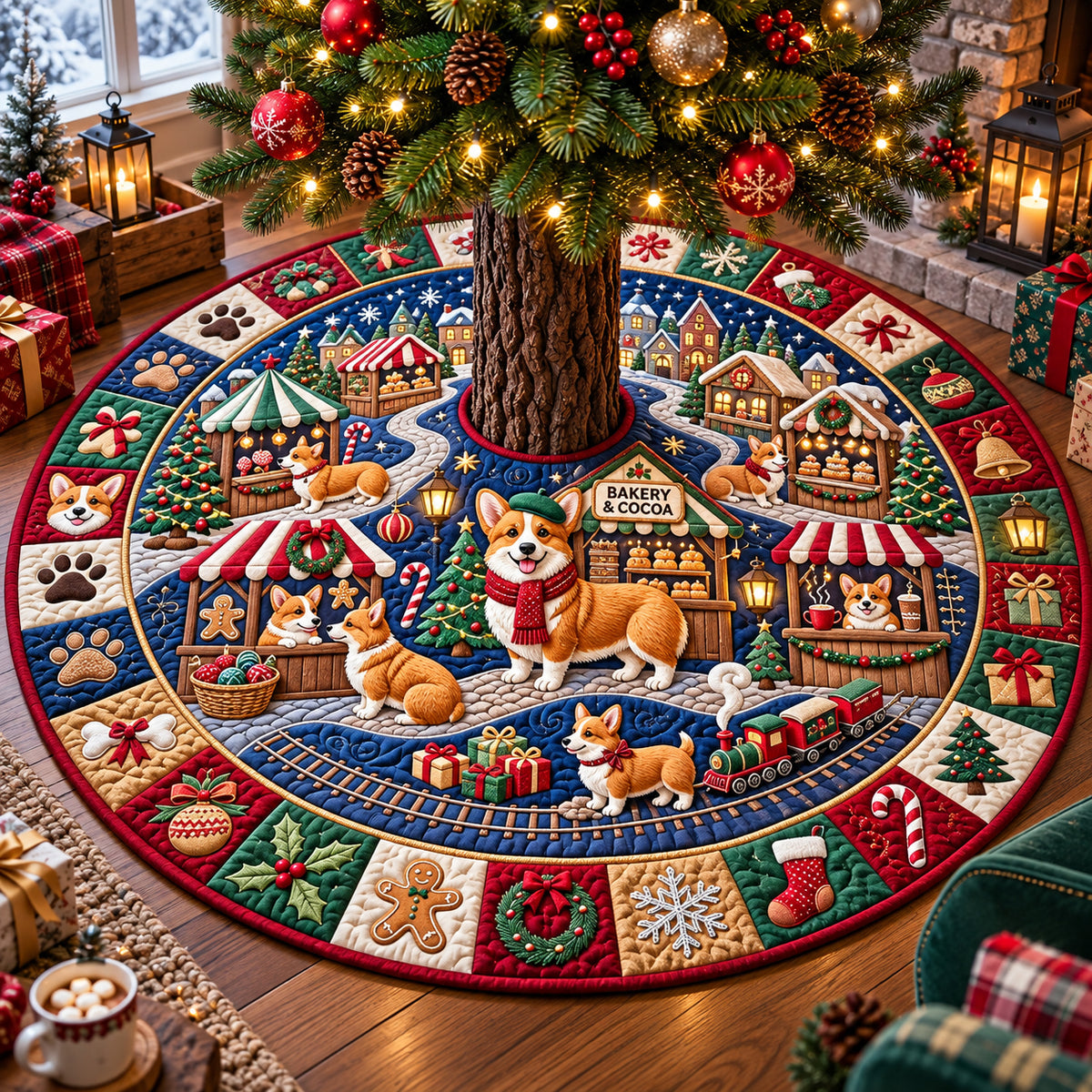 Corgi Christmas Market Quilted Tree Skirt GFTOPND3132