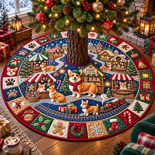 Corgi Christmas Market Quilted Tree Skirt GFTOPND3132