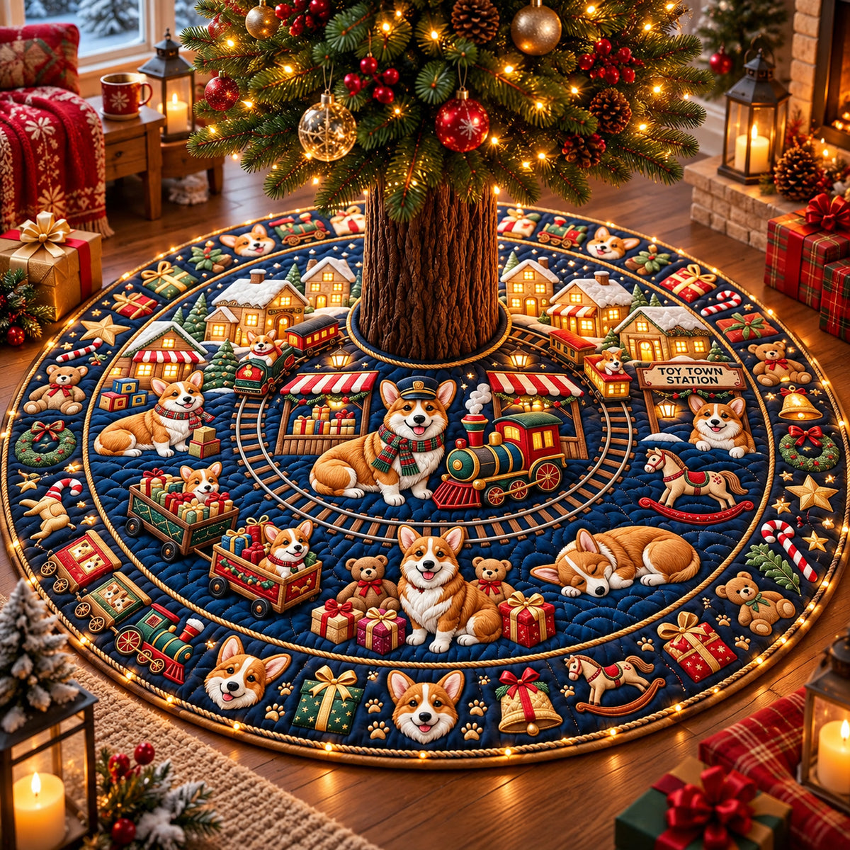 Corgi Toy Train Quilted Tree Skirt GFTOPND3135