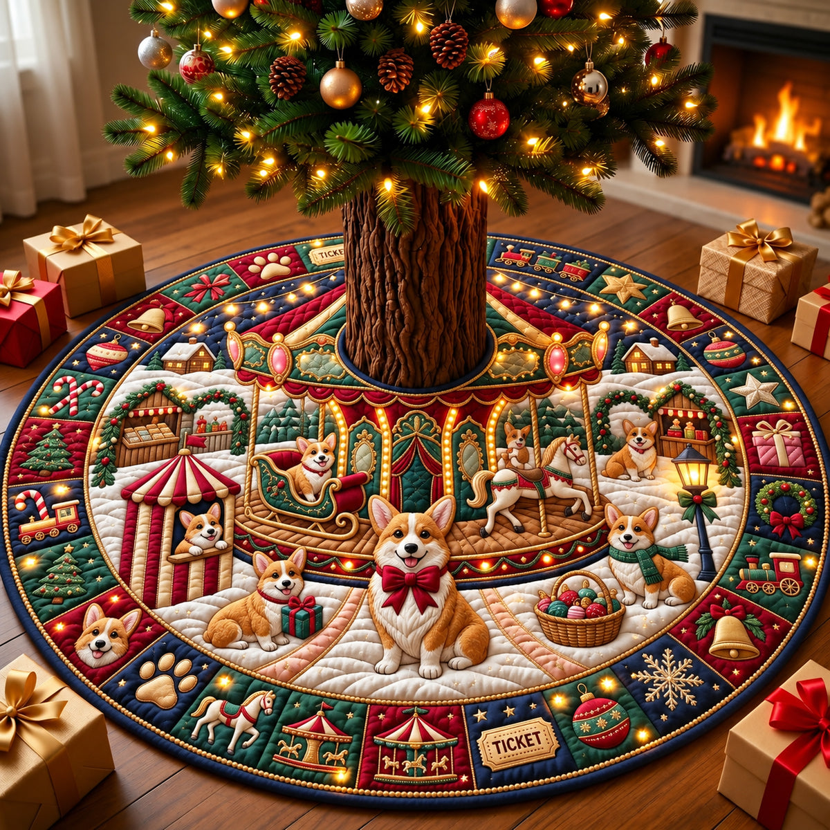 Corgi Christmas Carousel Quilted Tree Skirt GFTOPND3136