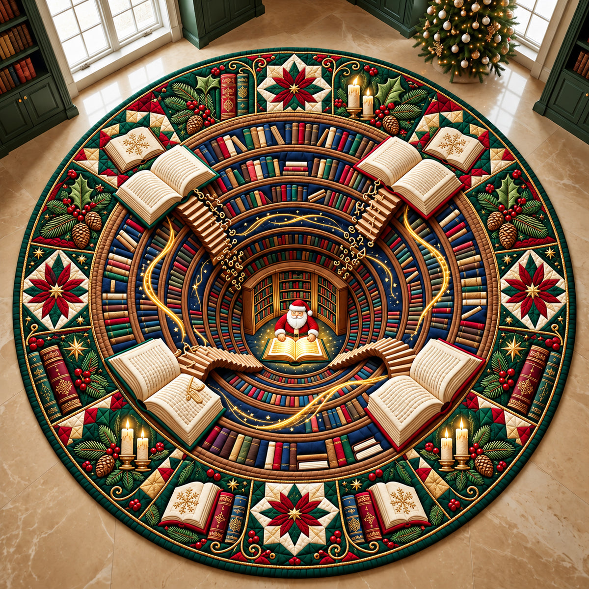 Christmas Library Quilted Round Mat GFTOPND3149