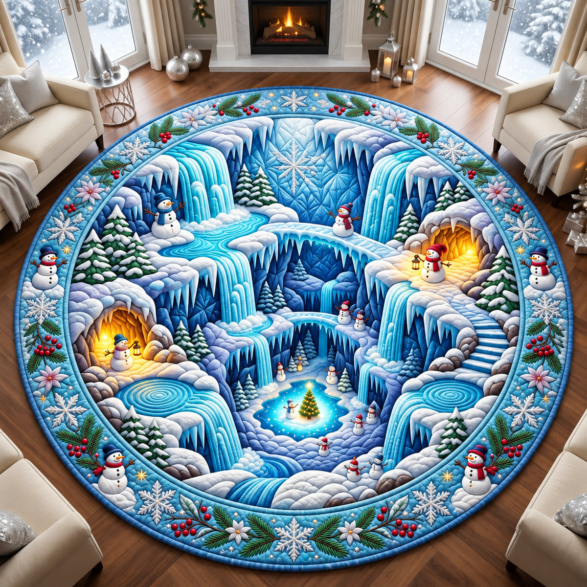 Snowman Frozen Waterfall World Quilted Round Mat GFTOPND3157
