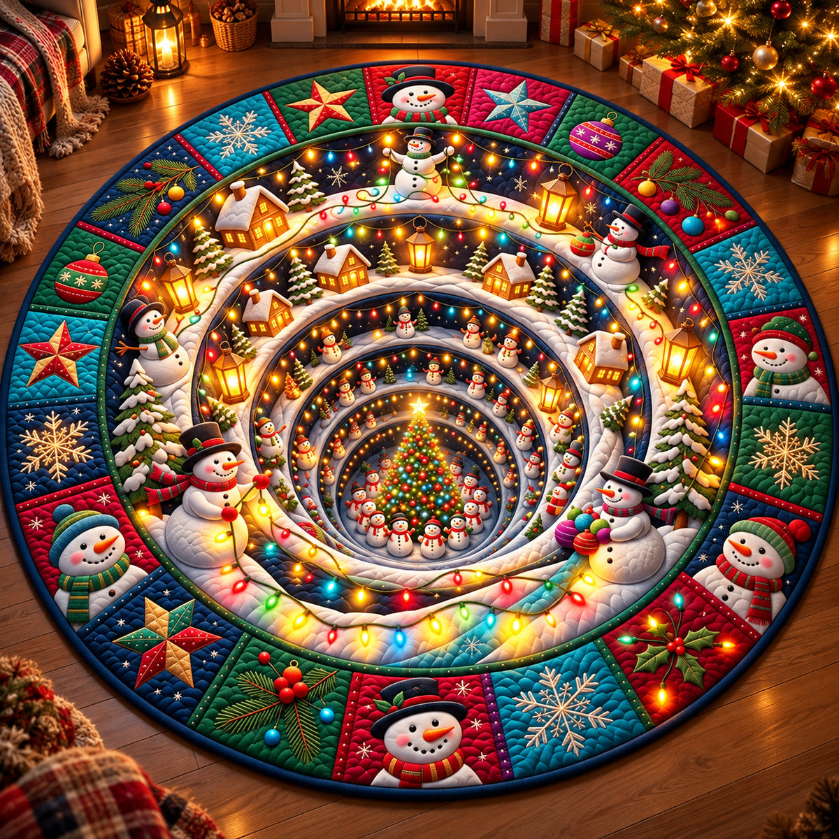 Snowman Christmas Light Vortex Quilted Round Mat GFTOPND3161