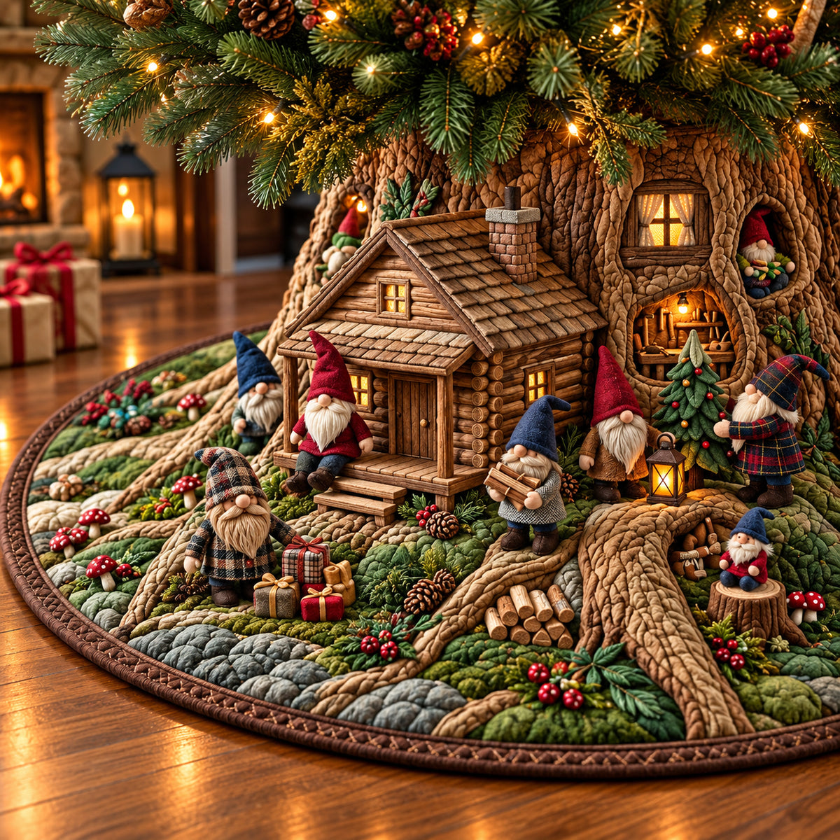 Cozy Gnome Cabin Quilted Tree Skirt GFTOPND3197