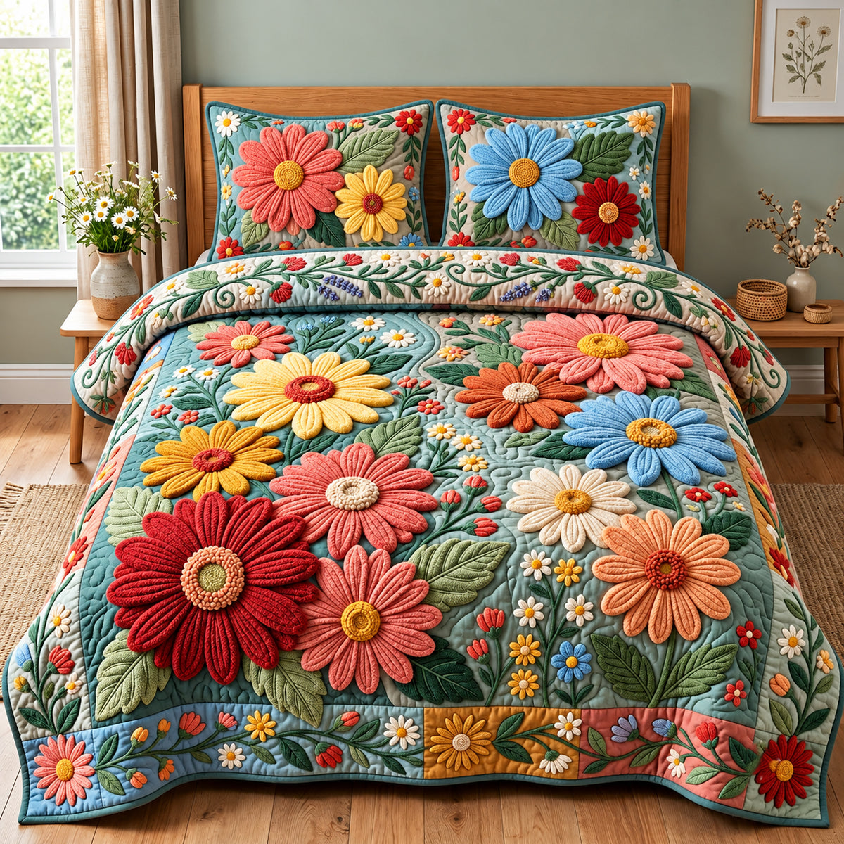 Daisy Patchwork 3-Piece Quilted Bedding Set GFTOPND3202