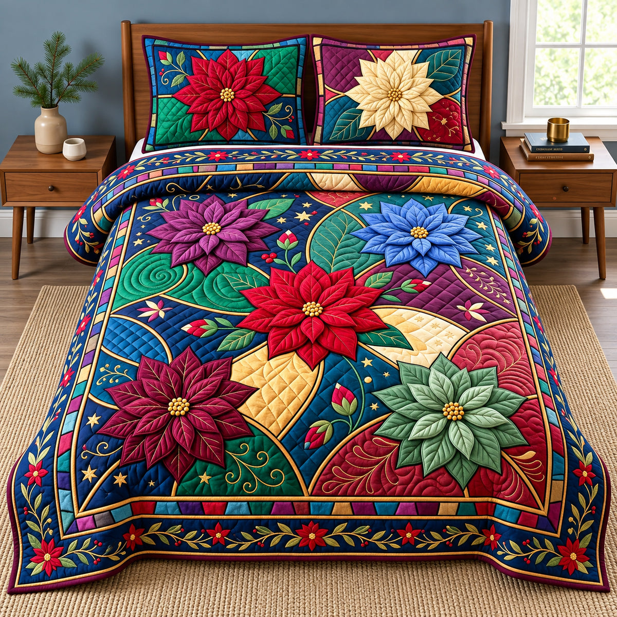 Poinsettia Stained Glass 3-Piece Quilted Bedding Set GFTOPND3209