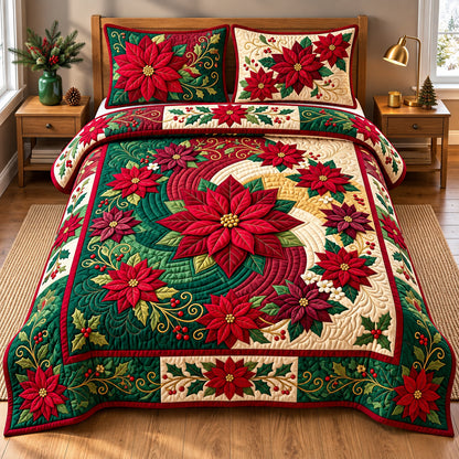 Poinsettia Spiral Wreath 3-Piece Quilted Bedding Set GFTOPND3210
