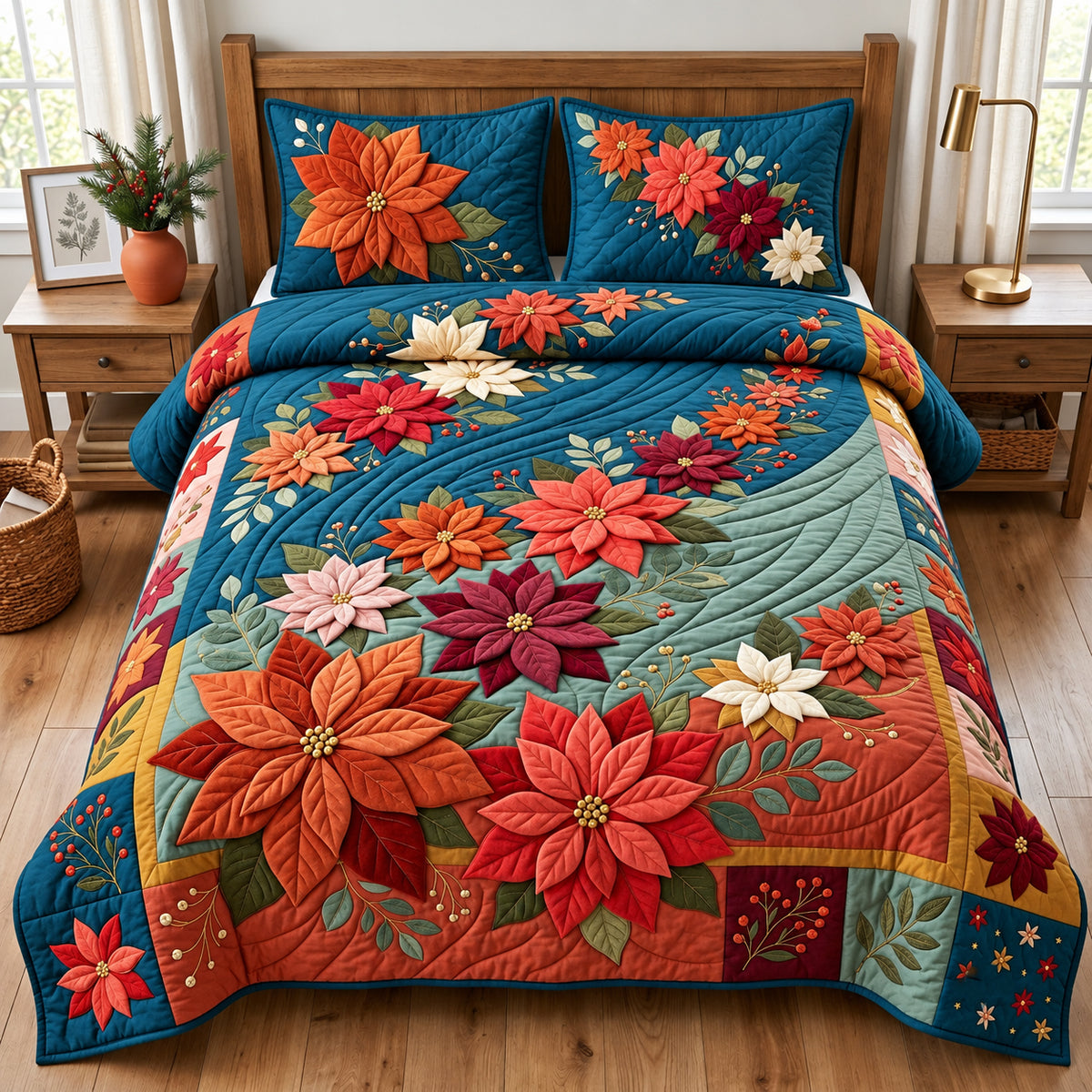 Cascading Poinsettia Waterfall 3-Piece Quilted Bedding Set GFTOPND3211
