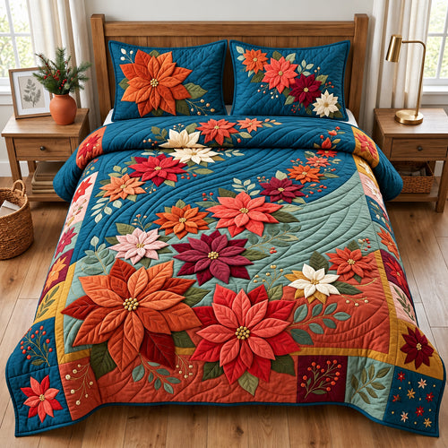 Cascading Poinsettia Waterfall 3-Piece Quilted Bedding Set GFTOPND3211