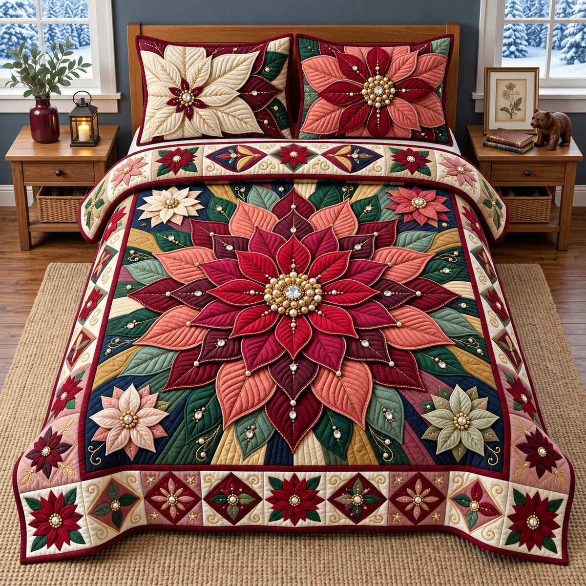 Jeweled Poinsettia 3-Piece Quilted Bedding Set GFTOPND3212