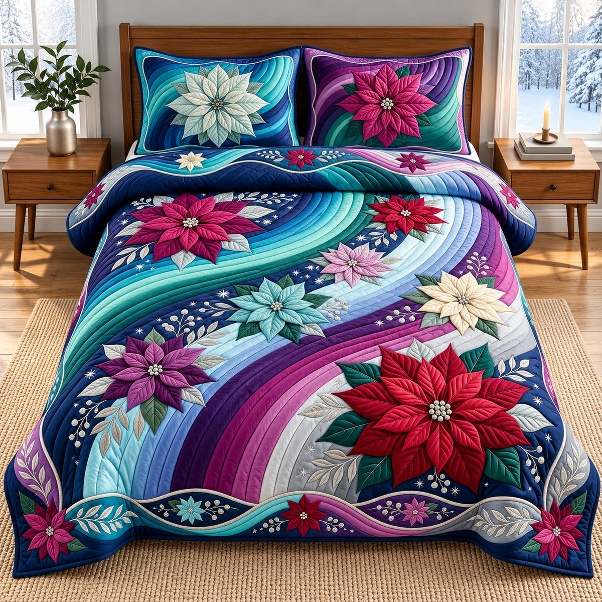 Poinsettia Aurora Waves 3-Piece Quilted Bedding Set GFTOPND3213