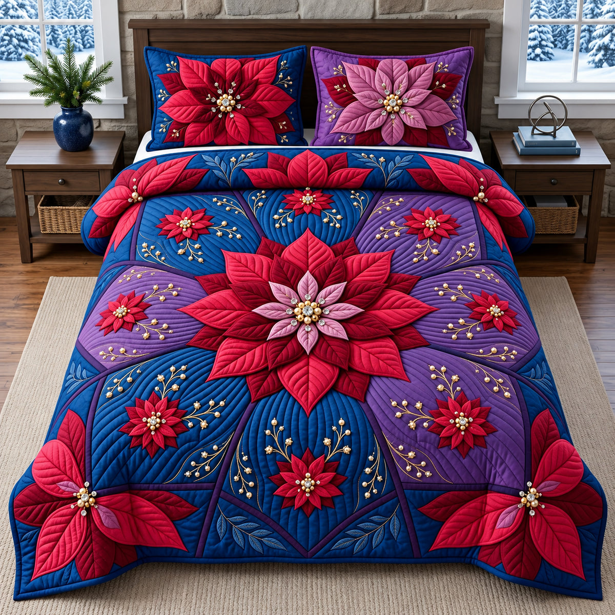 Celestial Poinsettia Compass 3-Piece Quilted Bedding Set GFTOPND3214