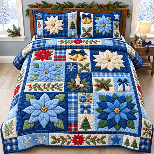 Winter Blue Poinsettia 3-Piece Quilted Bedding Set GFTOPND3215