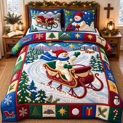 Christmas Snowman Sleigh Racing 3-Piece Quilted Bedding Set GFTOPND3275