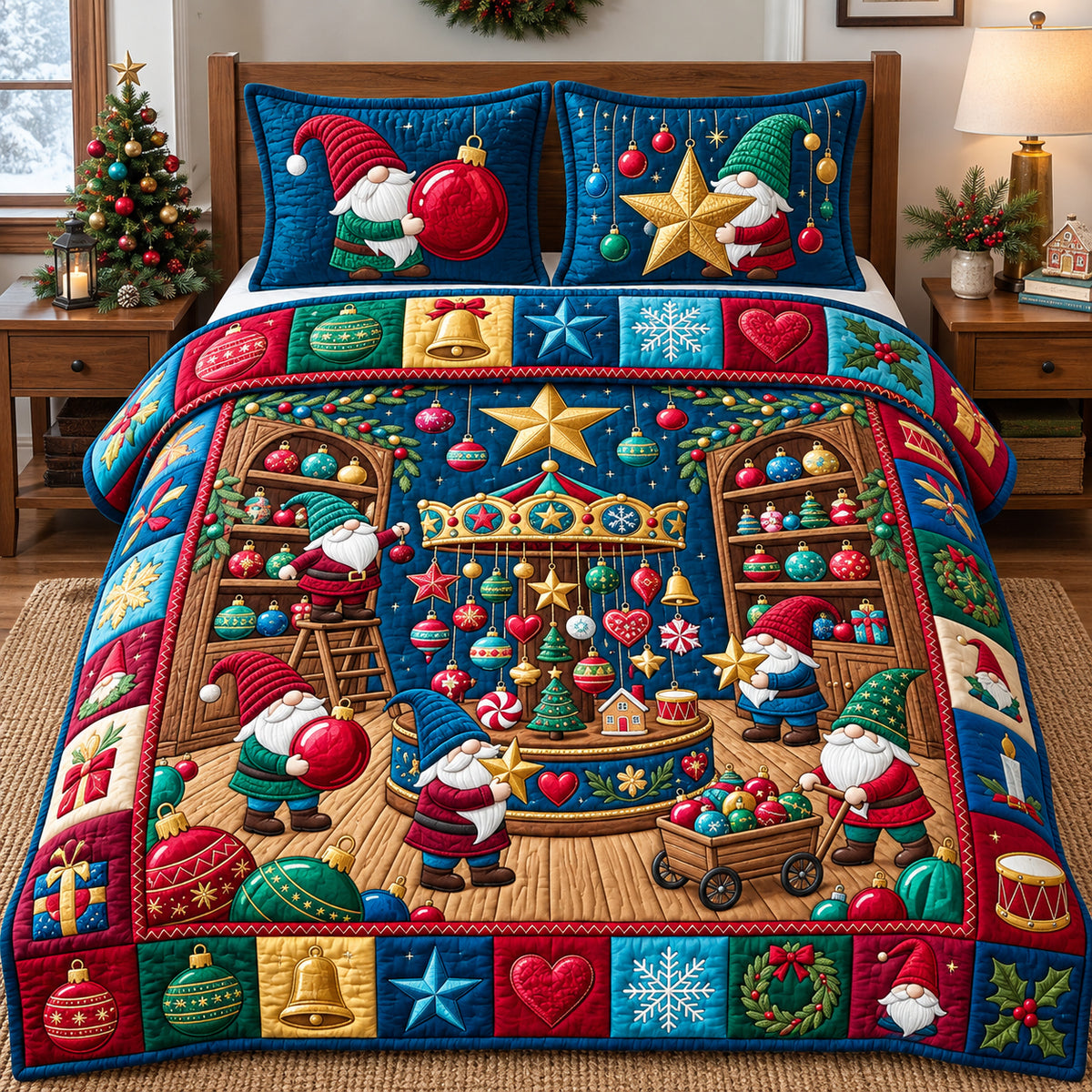 Gnome Ornament Emporium 3-Piece Quilted Bedding Set GFTOPND3278