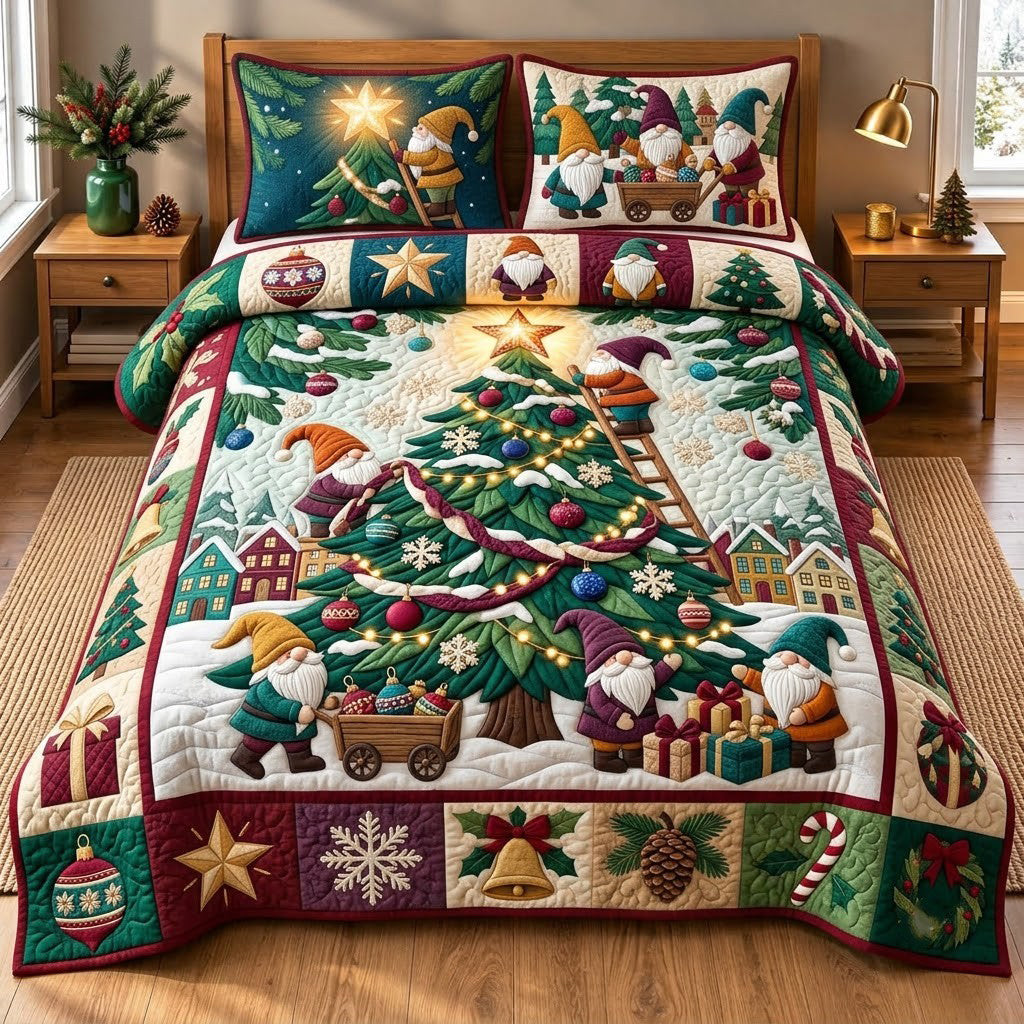 Gnome Christmas Tree 3-Piece Quilted Bedding Set GFTOPND3280