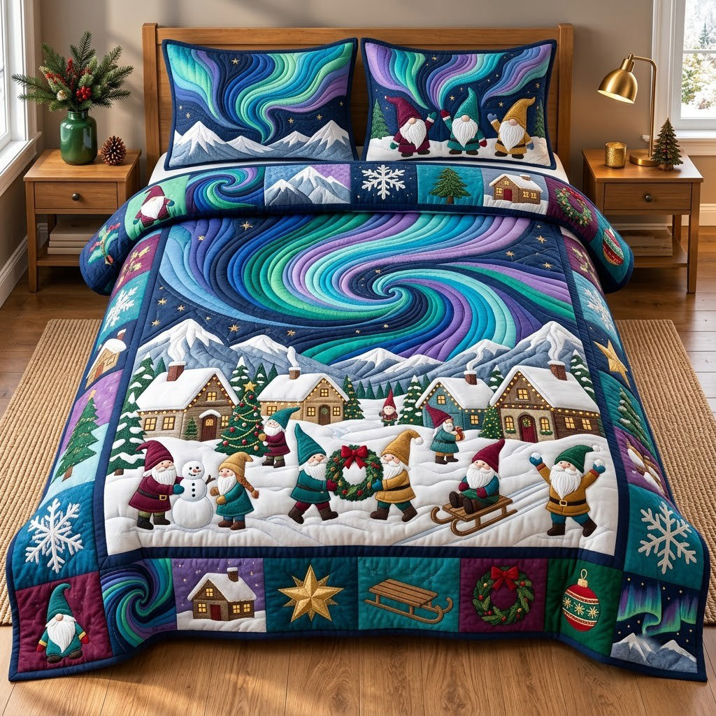 Gnome Aurora Christmas Village 3-Piece Quilted Bedding Set GFTOPND3281