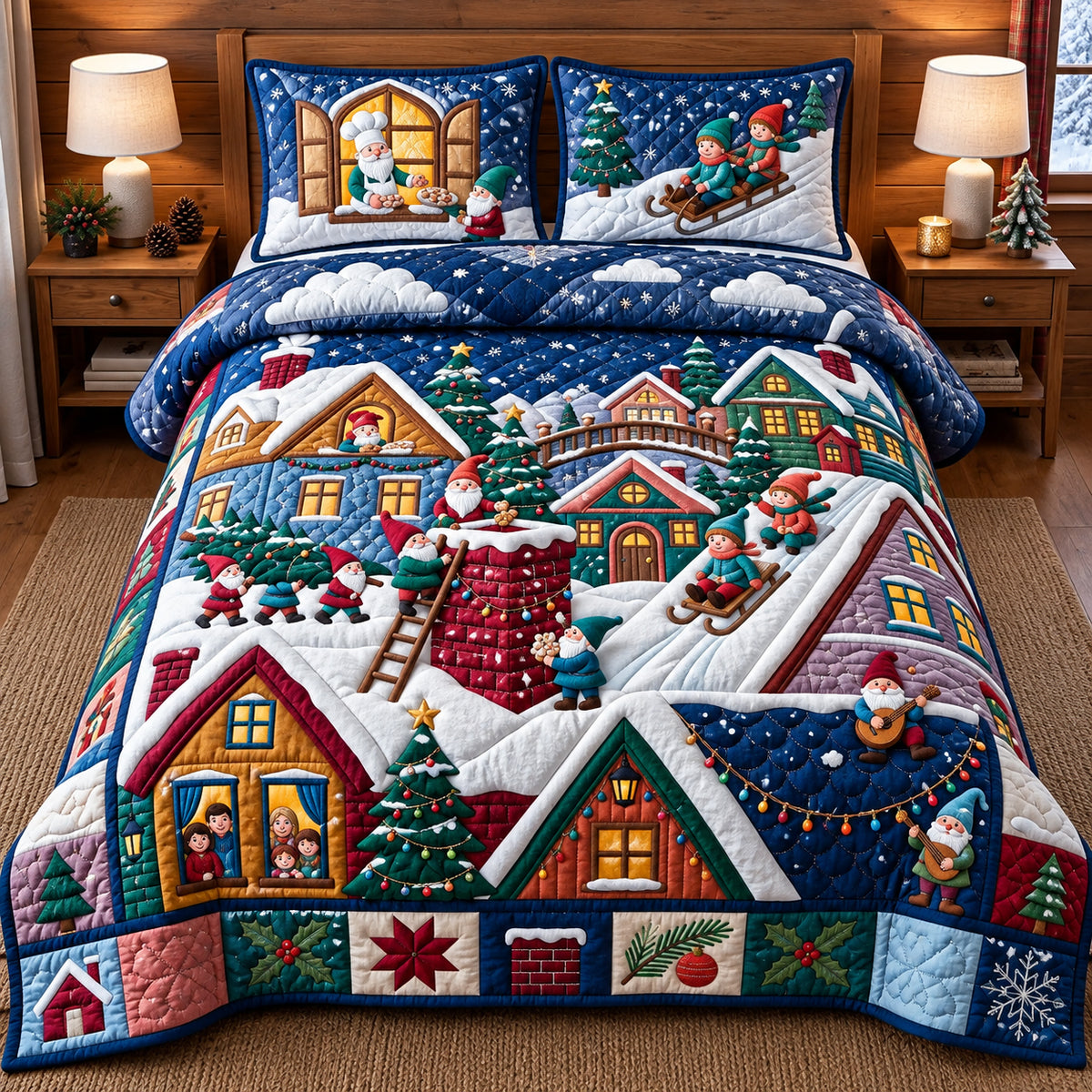 Rooftop Gnome Christmas Village 3-Piece Quilted Bedding Set GFTOPND3282