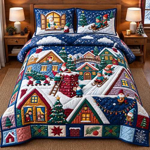 Rooftop Gnome Christmas Village 3-Piece Quilted Bedding Set GFTOPND3282