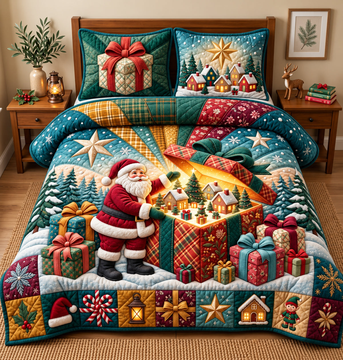 Santa Christmas Gift Box 3-Piece Quilted Bedding Set GFTOPND3297