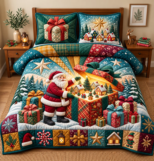 Santa Christmas Gift Box 3-Piece Quilted Bedding Set GFTOPND3297