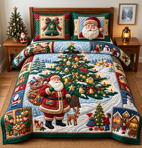 Santa Christmas Tree 3-Piece Quilted Bedding Set GFTOPND3298