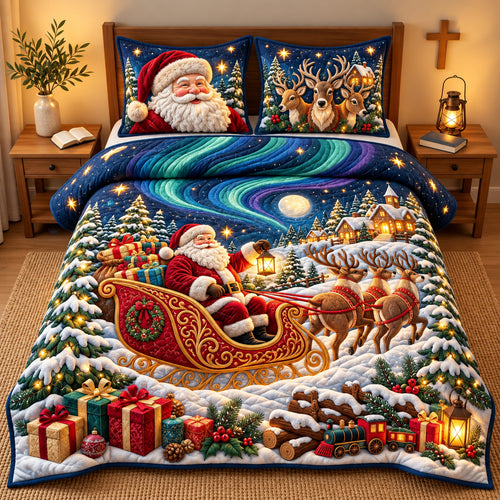 Santa Christmas Sleigh 3-Piece Quilted Bedding Set GFTOPND3299