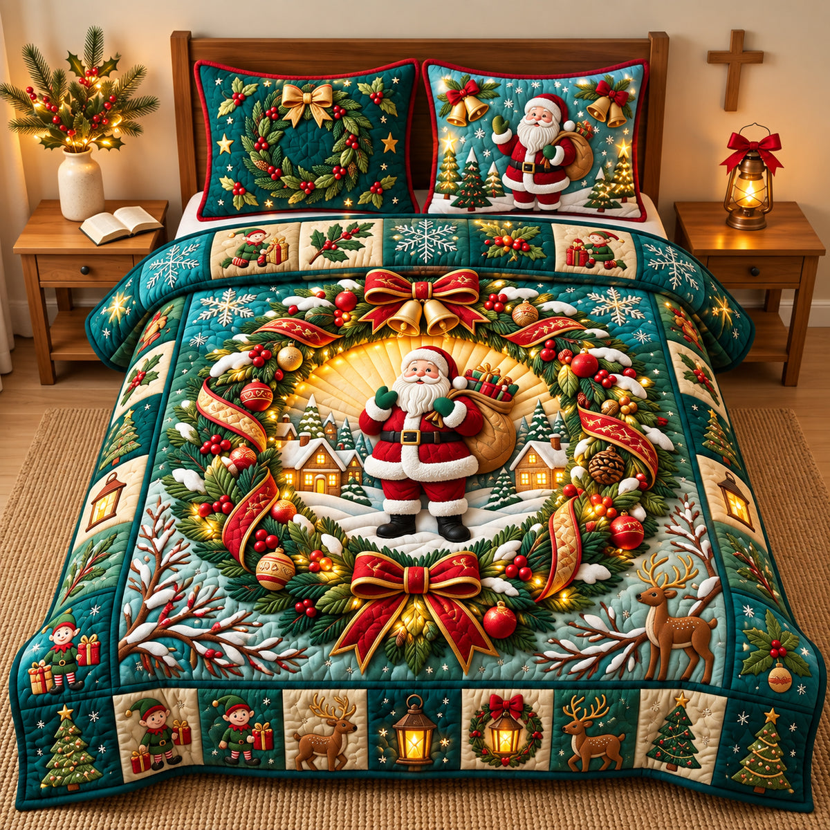 Santa Christmas Wreath 3-Piece Quilted Bedding Set GFTOPND3301