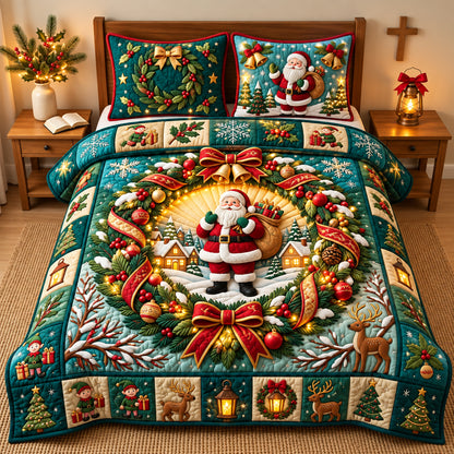 Santa Christmas Wreath 3-Piece Quilted Bedding Set GFTOPND3301