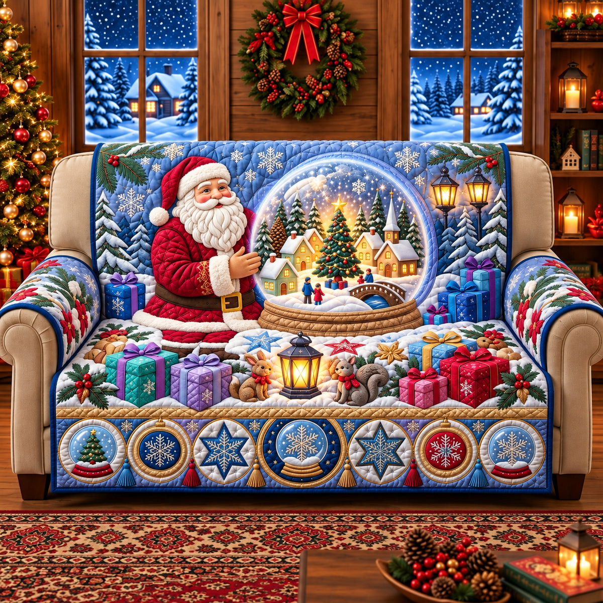 Santa Snow Globe Quilted Sofa Cover GFTOPND3305
