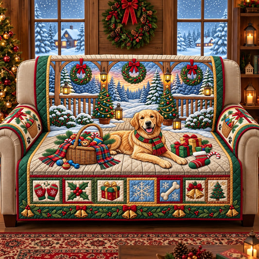 Golden Christmas Quilted Sofa Cover GFTOPND3456
