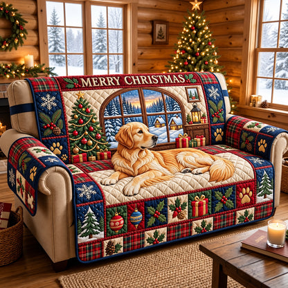 Golden Christmas Quilted Sofa Cover GFTOPND3457