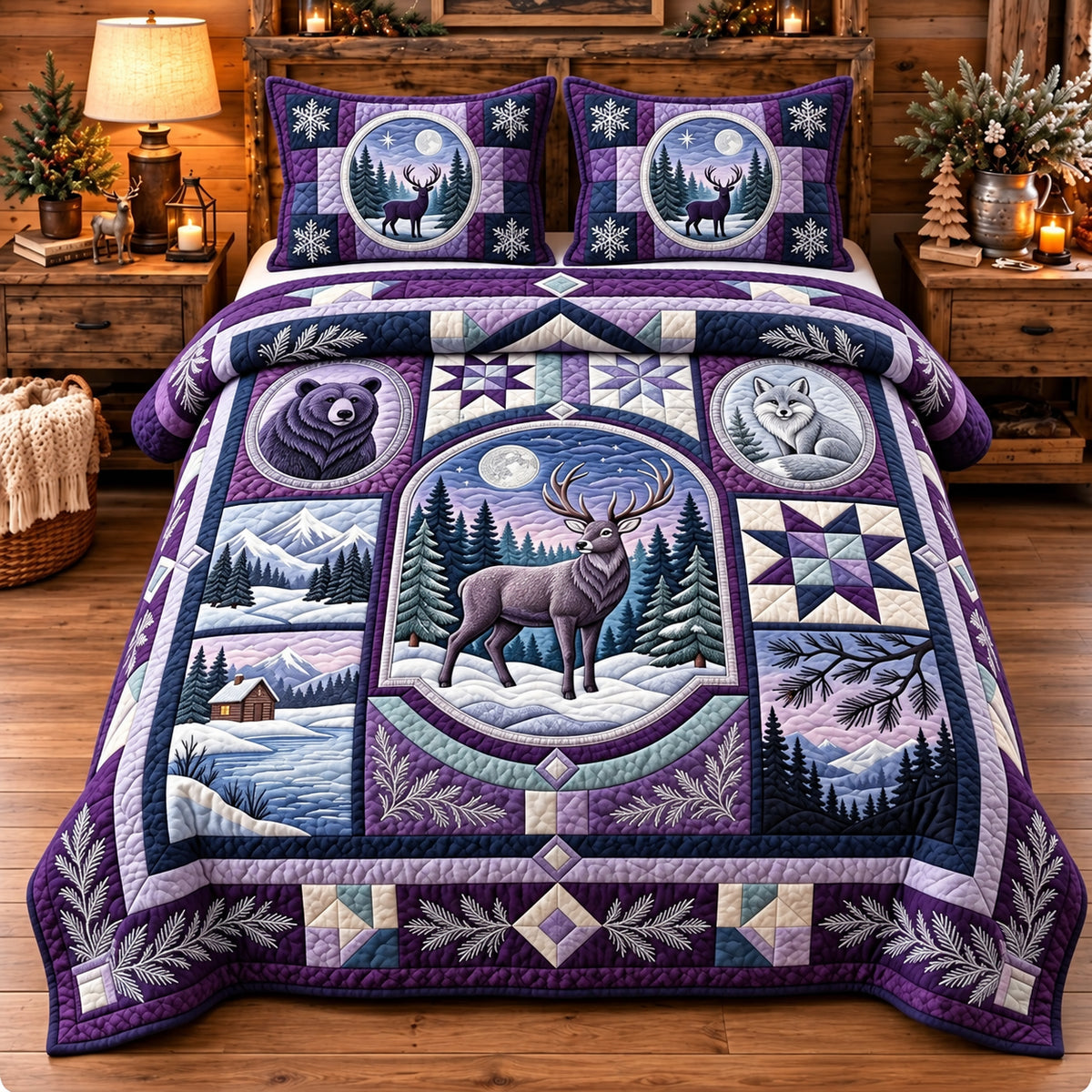 Amethyst Moonlit Forest Patchwork 3-Piece Quilted Bedding Set GFTOPND3500