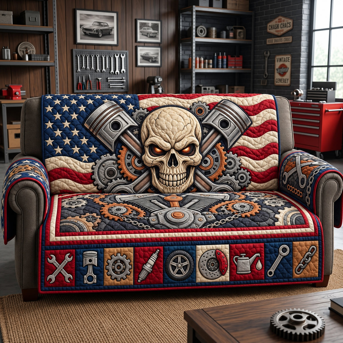 Mechanic Skull Quilted Sofa Cover GFTOPND3508