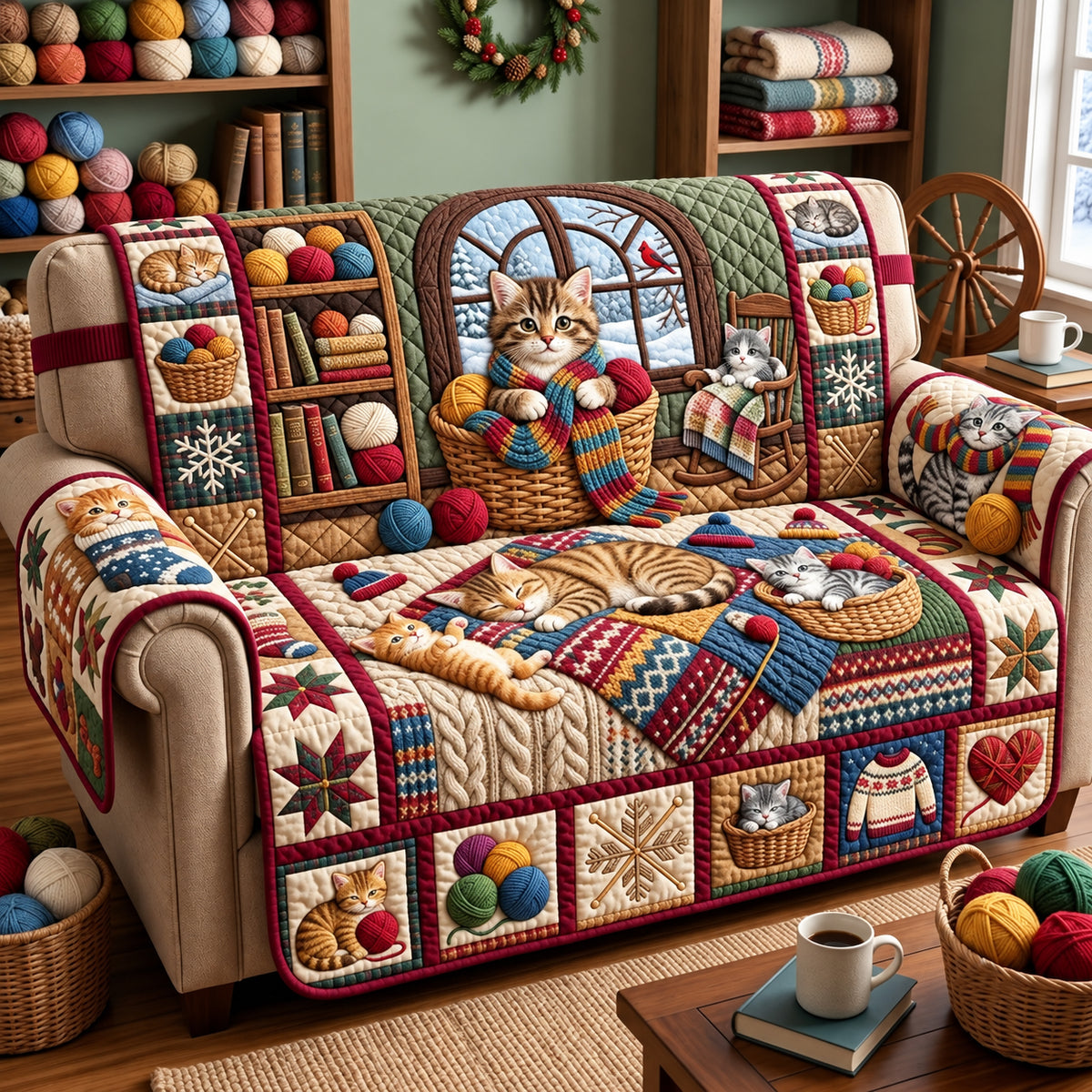 Cozy Yarn Cat Quilted Sofa Cover GFTOPND3535