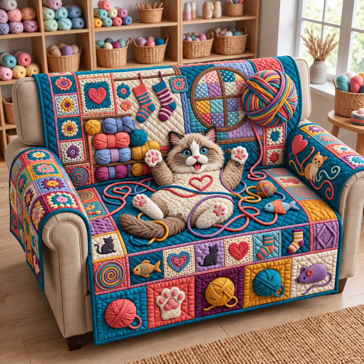 Colorful Yarn Cat Quilted Sofa Cover GFTOPND3537