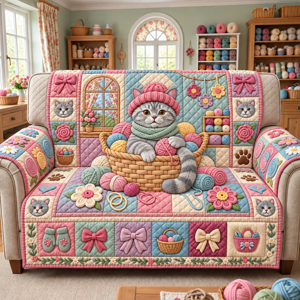 Yarn Room Cat Quilted Sofa Cover GFTOPND3540