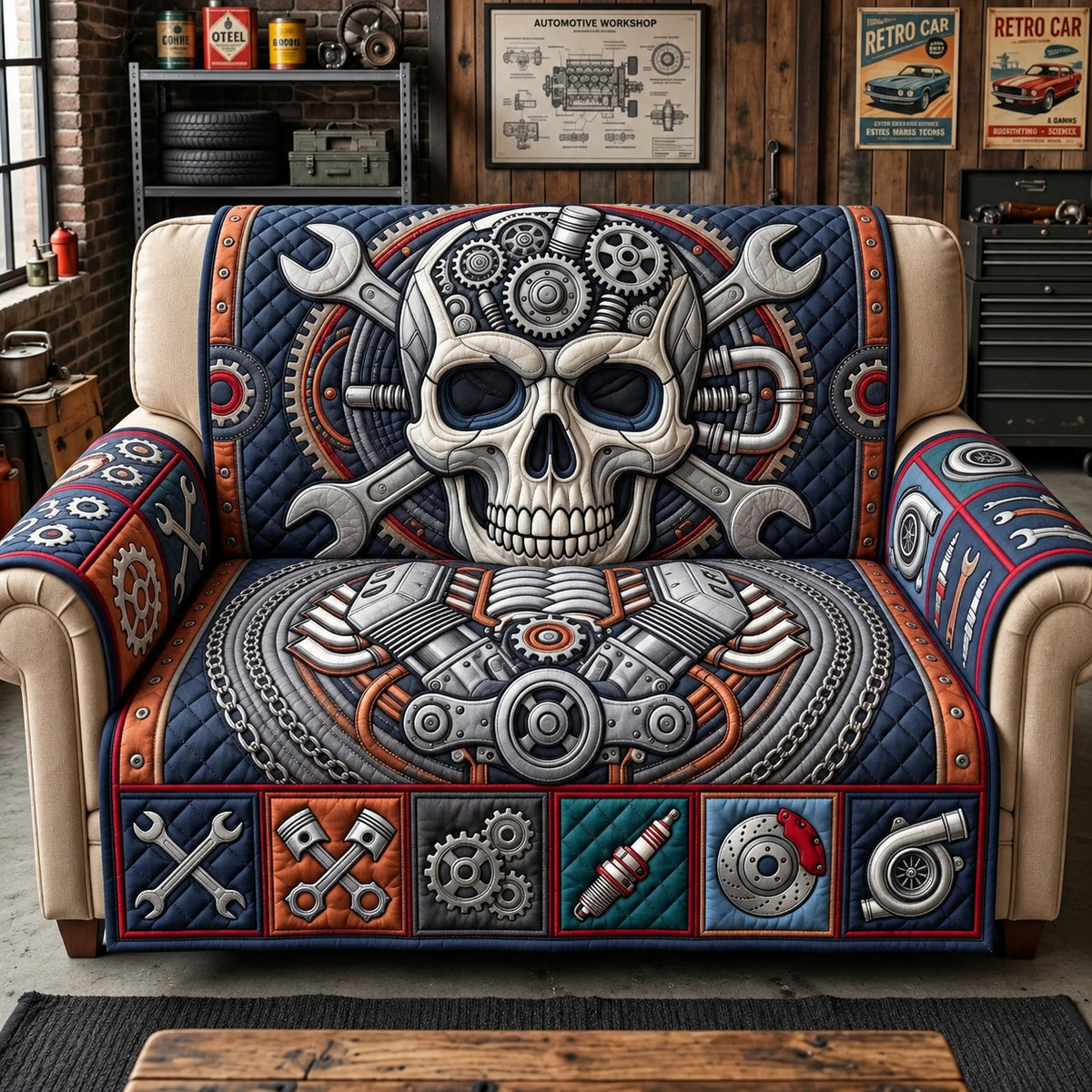 Mechanic Skull Quilted Sofa Cover GFTOPND3543