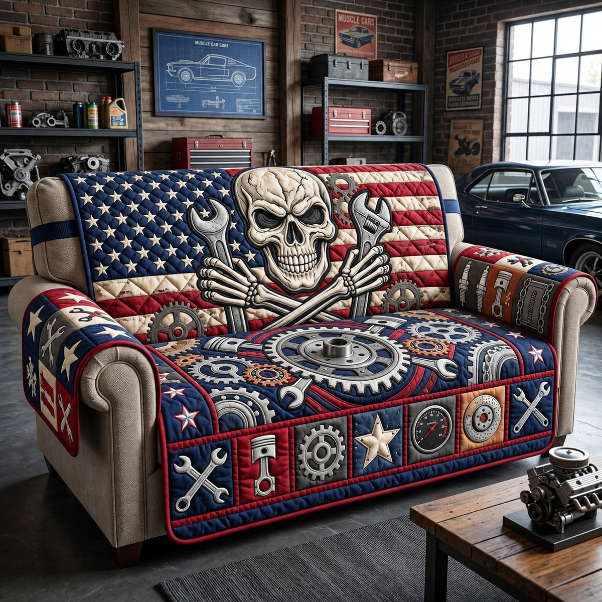 US Mechanic Skull Quilted Sofa Cover GFTOPND3545