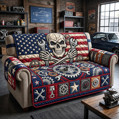 US Mechanic Skull Quilted Sofa Cover GFTOPND3545