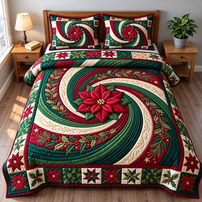 Christmas Poinsettia Whirlpool 3-Piece Quilted Bedding Set GFTOPND3554