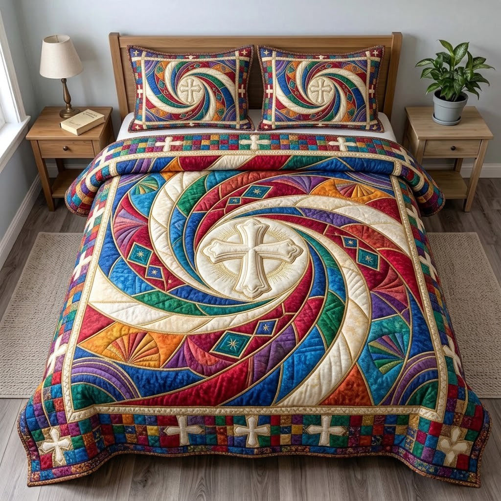 Stained Glass Spiral 3-Piece Quilted Bedding Set GFTOPND3556