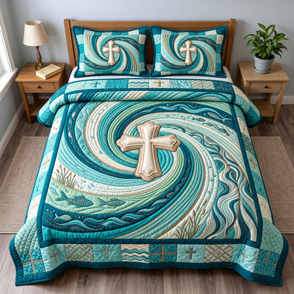 Living Water Cross 3-Piece Quilted Bedding Set GFTOPND3559