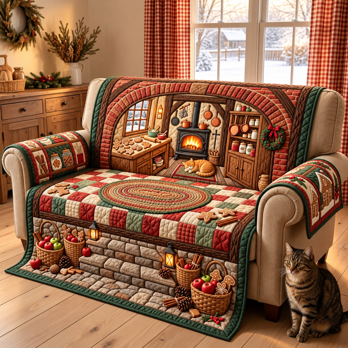 Christmas Kitchen Story Quilted Sofa Cover GFTOPND3563