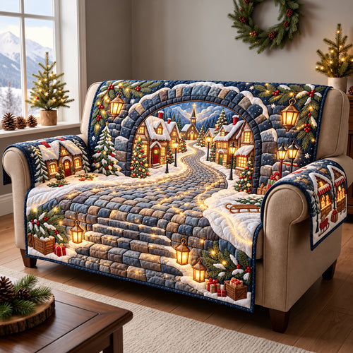 Snowy Christmas Village Quilted Sofa Cover GFTOPND3564