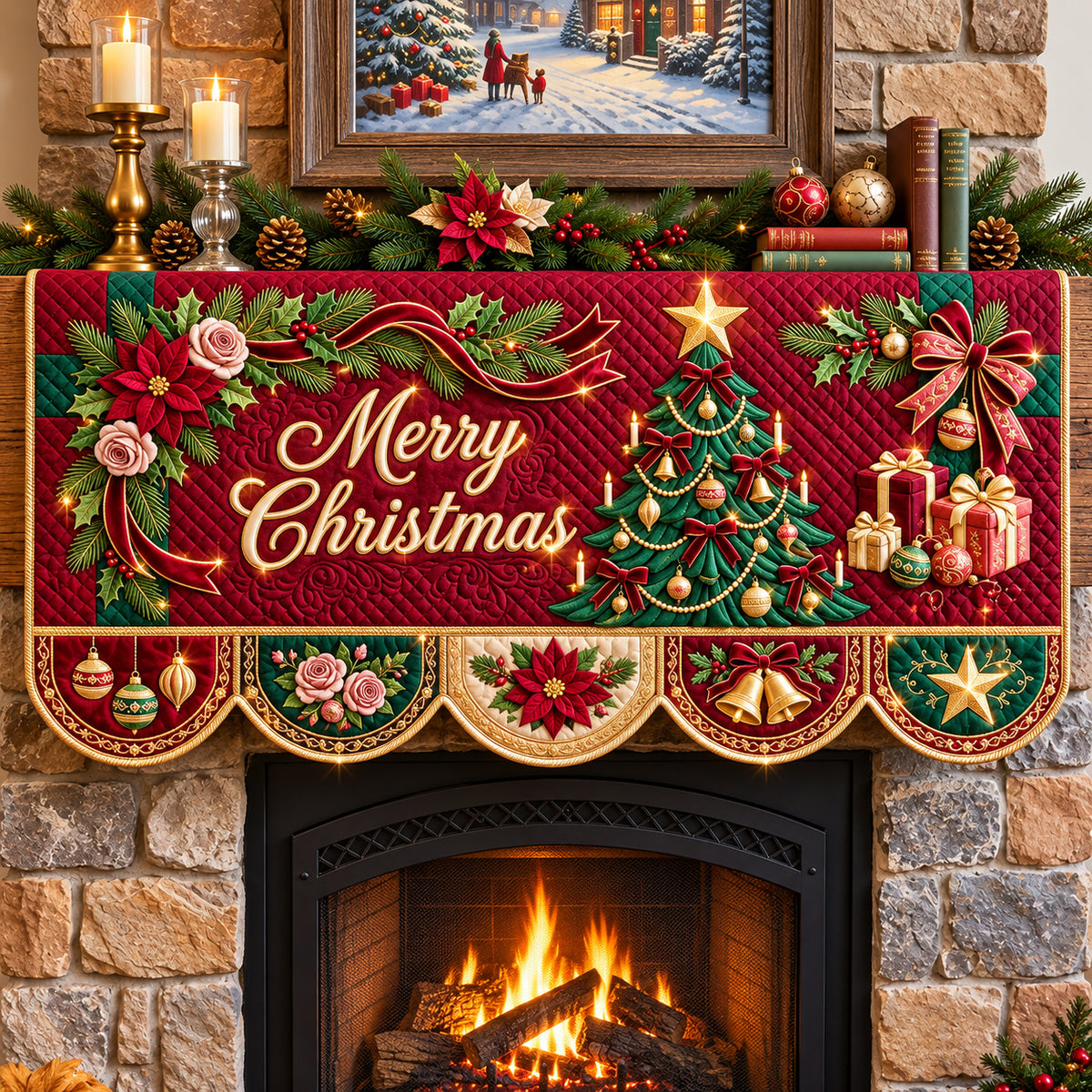 Victorian Christmas Tree Garland Quilted Mantel Scarf GFTOPND3587