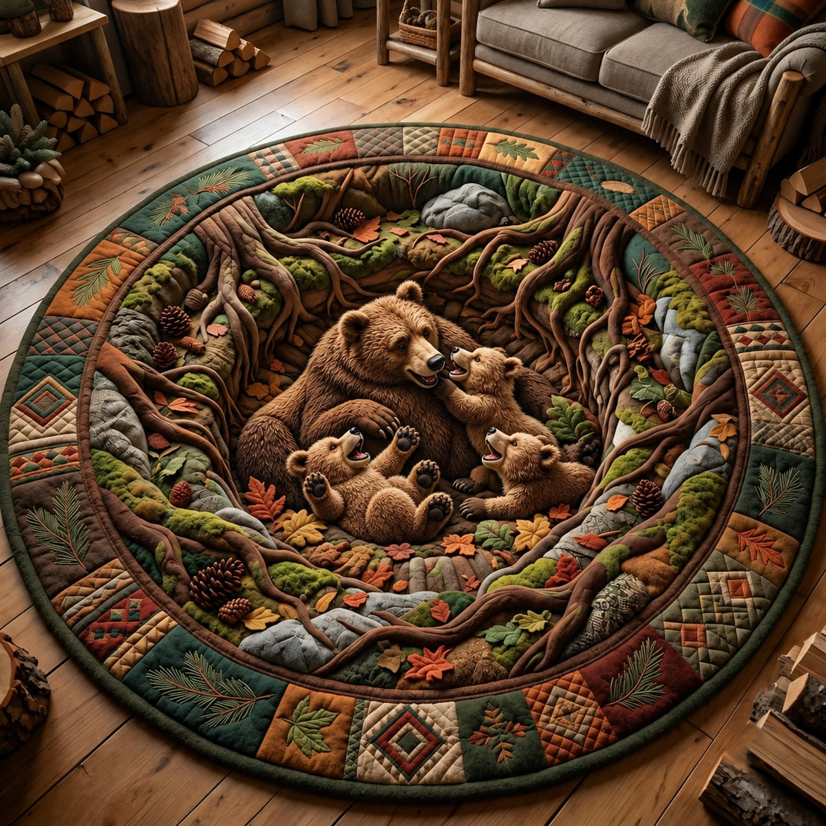 Happy Bear Family Quilted Round Mat GFTOPND3654