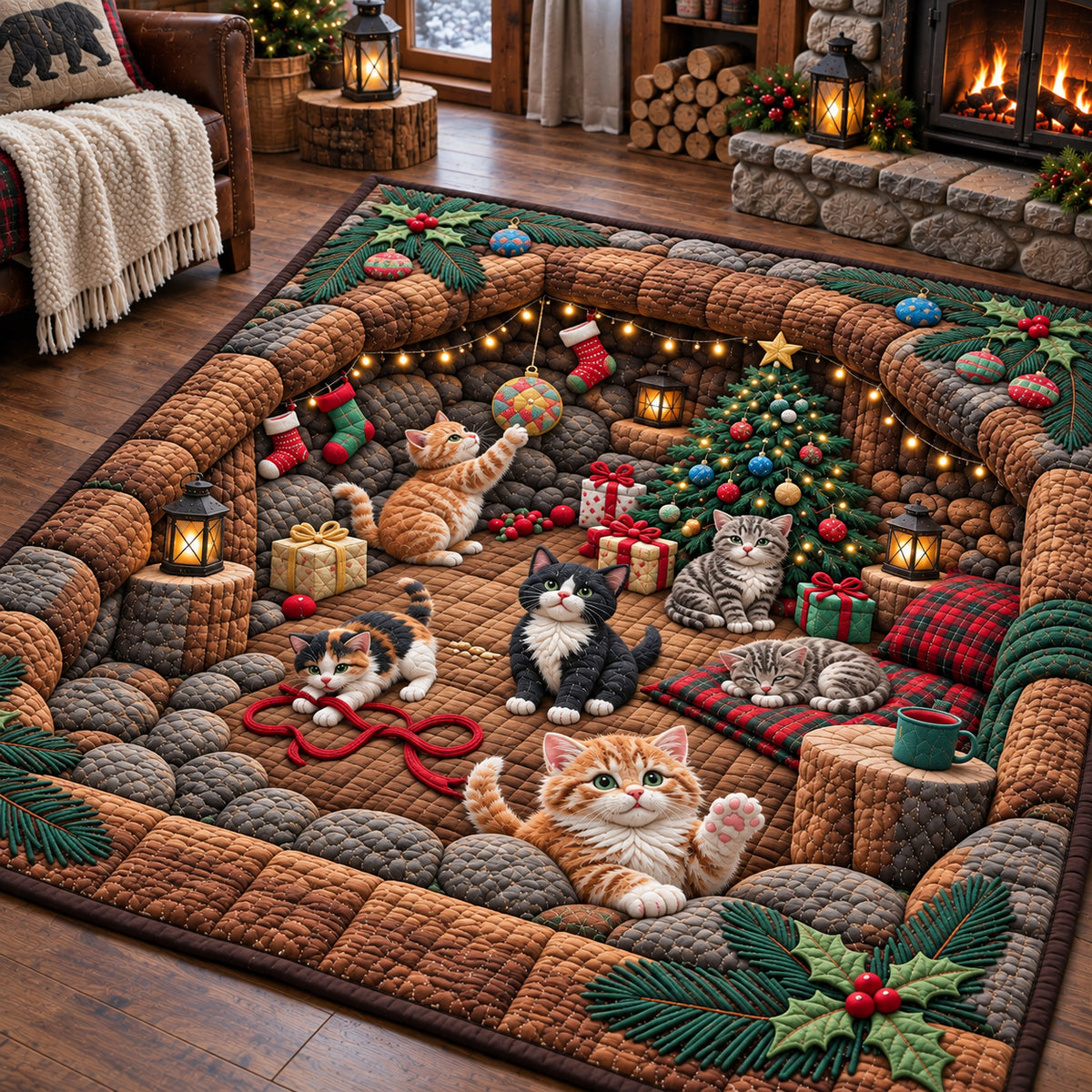 Kitten Christmas Underground World Area Rug GFTOPND3689