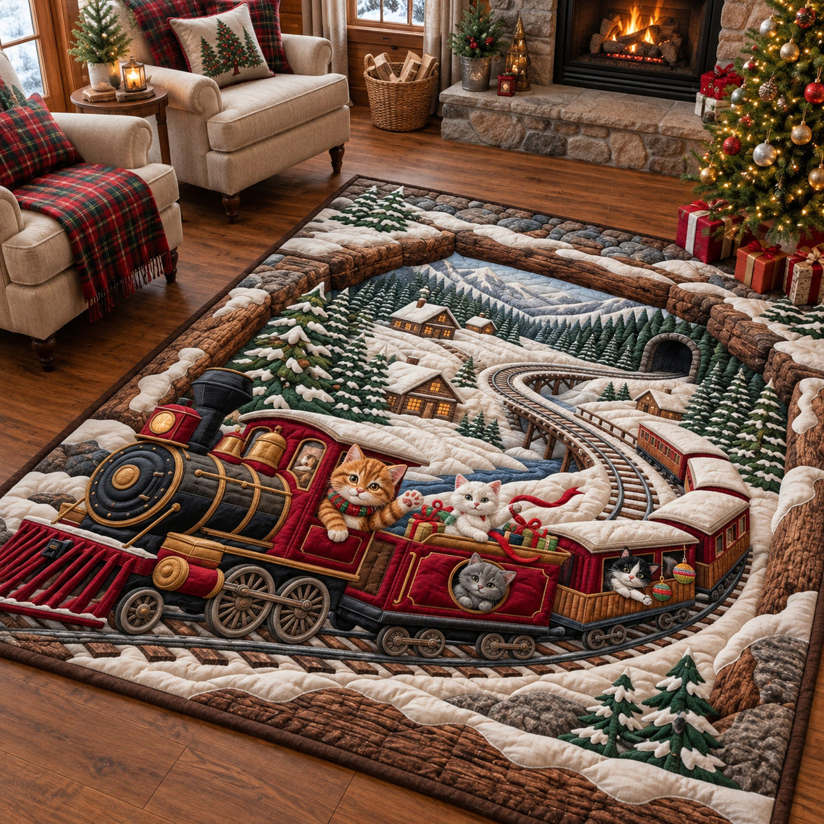 Kitten Christmas Train Adventure Area Rug GFTOPND3693
